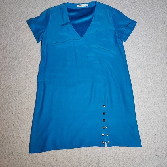 Amanda Uprichard Silk Shift mini Dress V Neck Side Slit  metal Fasteners Blue, L - Picture 1 of 10